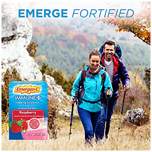 Emergen-C Immune+ 1000mg Vitamin C Powder, with Vitamin D, Zinc, Antioxidants and Electrolytes for Immunity, Immune Support Dietary Supplement, Raspberry Flavor - 30 Count/1 Month Supply