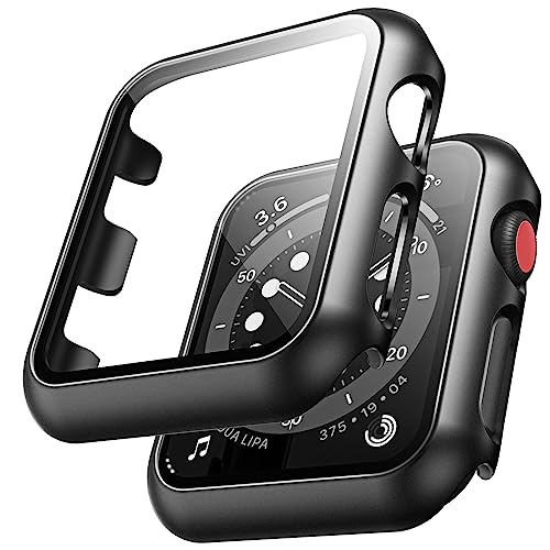 TAURI 2 Pack Hard Case Compatible for Apple Watch Series 3/2/1 42mm Built-in 9H Tempered Glass Screen Protector Slim Bumper Touch Sensitive Full Protective Cover Compatible for iWatch 42mm - Black