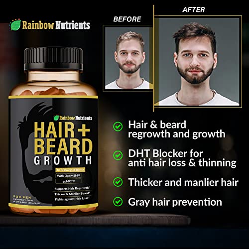 Rainbow Nutrients, LLC Hair + Beard Growth Vitamins for Men | Biotin 10,000mcg, Patented OptiMSM®, goMCT®, Saw Palmetto, Collagen | 60 Day Supply | Naturally Regrow Stronger, Thicker, Healthier Hair