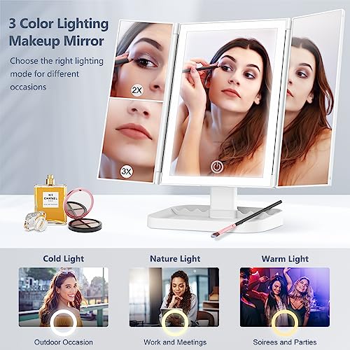 Lighted Makeup Mirror with 3 Color Lighting, Makeup Mirror with Extra Round 10X Magnifying Mirror, 72 LED Vanity Mirror, 10x 3X 2X Magnification, Touch Control, Dual Power Supply, Gift for Woman