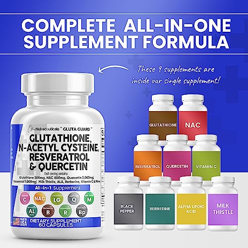 Glutathione 500mg Supplement with Vitamin C N Acetyl Cysteine 600mg Berberine 1000g Milk Thistle 1000mg Resveratrol Quercetin Alpha Lipoic Acid - Reduced L Glutathion Free Form Women 60 Ct USA Made