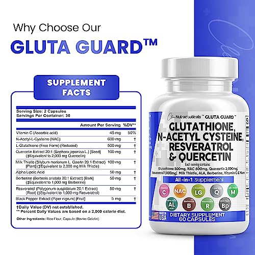 Glutathione 500mg Supplement with Vitamin C N Acetyl Cysteine 600mg Berberine 1000g Milk Thistle 1000mg Resveratrol Quercetin Alpha Lipoic Acid - Reduced L Glutathion Free Form Women 60 Ct USA Made