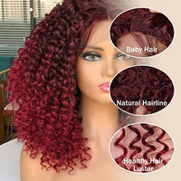 ANNIVIA Short Lace Front Wigs for Black Women Burgundy HD Lace Front Curly Wig Pre Plucked with Babyhair, Dark Roots Burgundy Red Synthetic Bob Kinky Afro Short Curly Frontal Hair Wig 16inch（Burgundy）