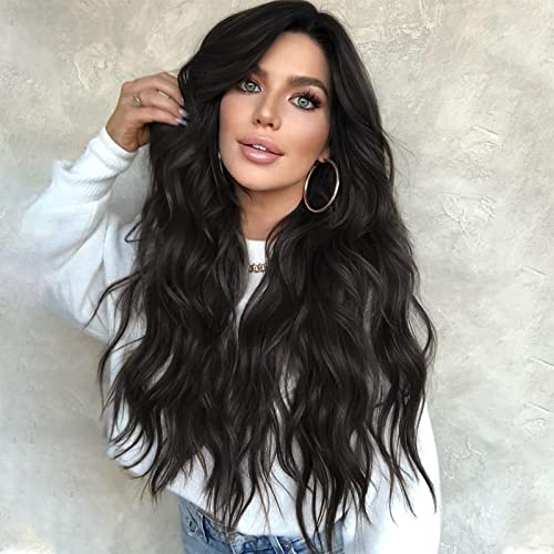 AISI QUEENS Long Black Wavy Wigs for Women Middle Part Curly Black Wig Natural Looking Synthetic Heat Resistant Fiber Wigs Hair Replacement Wigs for Daily Party Use Wig