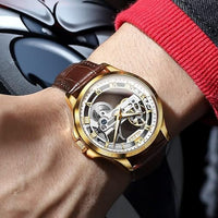 OLEVS Skeleton Watches for Men Automatic Self Winding Mechanical Luxury Dress Brown Leather Waterproof Luminous Men Wrist Watch