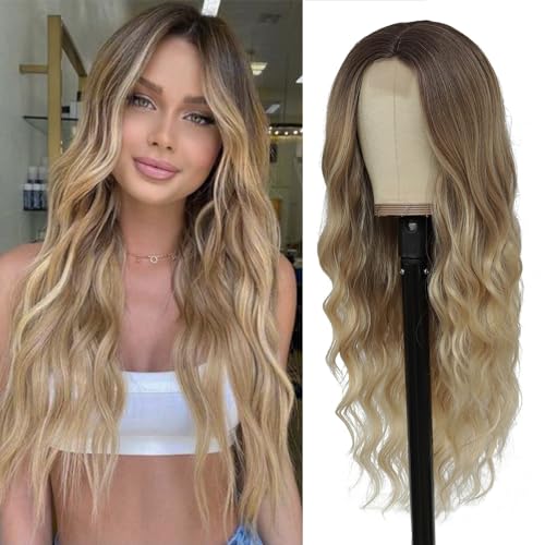 HMHIFI Long Ombre Blonde Wigs for Women 26 inch Long Wavy Middle Part Wig Ombre Blonde Wigs Upgraded Protein Fiber Hair Replacement Wig Cosplay Costume Halloween Wig(26'' Brown Ombre Blonde)