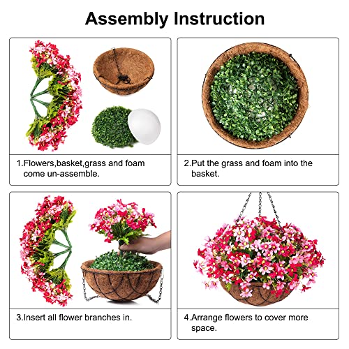 INXUGAO Artificial Hanging Flower with Basket for Home Courtyard Decoration, Artificial Silk Chrysanthemum Fake Plant Arrangement in 12 inch Coconut Lining Basket for Outdoors Indoors Decor(Red)