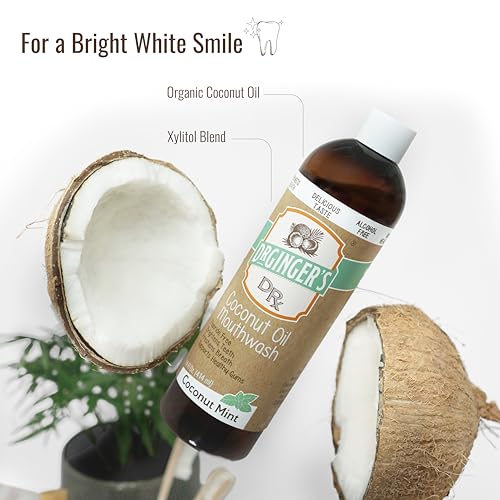 Dr. Ginger's Coconut Oil Pulling Mouthwash, All-Natural Oil Pulling & Xylitol to Target Bad Breath, Support Tongue and Gum Health and Brighten Teeth, Fluoride-Free, Coconut Mint Flavor, 14fl oz, 1ct