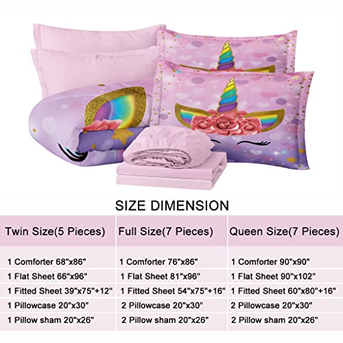 SIRDO Twin Bedding Sets for Girls Purple Pink Unicorn Bed Comforter Sets with Sheets 5 Pieces Kid Girl Bed in a Bag Soft Princess Bedding Cute Bed Set Washable