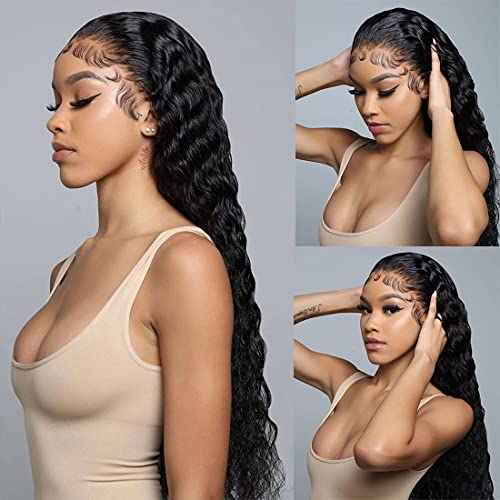 Deep Wave Lace Front Wigs Human Hair 13X4 HD Transparent Deep Curly Human Hair Lace Front Wigs for Women 180% Density Glueless Lace Frontal Wigs Human Hair Pre Plucked with Baby Hair (28 Inch)