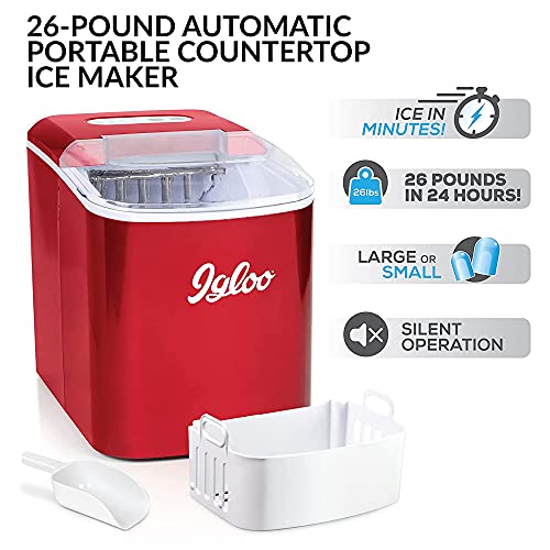 Igloo ICEB26RR Automatic Portable Electric Countertop Ice Maker Machine, 26 Pounds in 24 Hours, 9 Ice Cubes Ready in 7 minutes, With Ice Scoop and Basket, Perfect for Water Bottles, Mixed Drinks