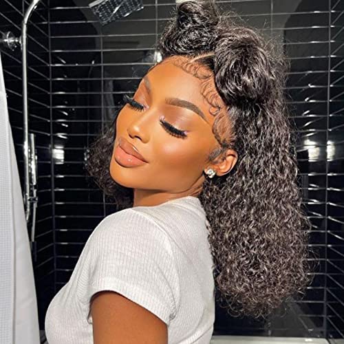 ANDRIA Short Bob Curly Lace Front Wigs Natural Black Loose Curly Glueless Lace Wig Synthetic Heat Resistant Fiber Hair Wig With PrePlucked Hair Line For Black Women 14 Inches