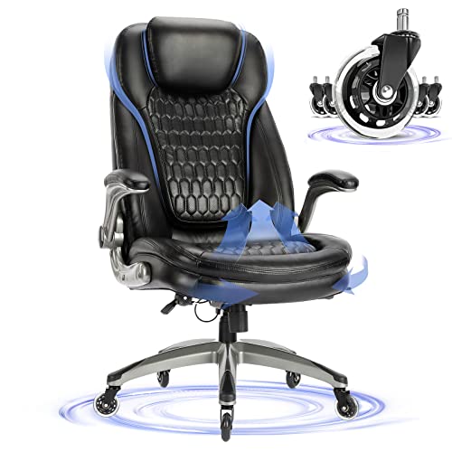 COLAMY Office Chair-Ergonomic Computer Desk Chair with Thick Seat for Comfort, High Back Executive Chair with Padded Flip-up Arms, Stylish Leather Chair with Upgraded Caster for Swivel (Black, 300lbs)