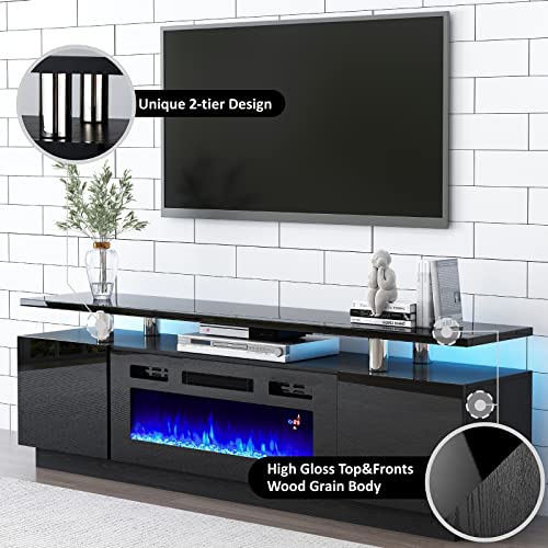 AMERLIFE 110" Large Fireplace TV Stand Set with 36" Electric Fireplace, Includes 70" 2-Tier Fireplace TV Stand, 2 x End Tables, Modern High Gloss TV Console with LED Light for Living Room, Black