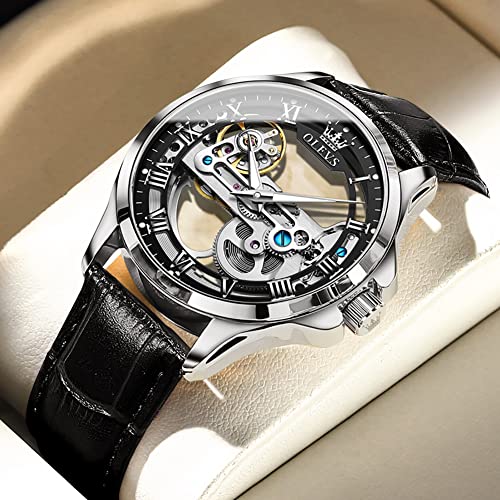 OLEVS Skeleton Watches for Men Automatic Self Winding Mechanical Luxury Dress Black Leather Waterproof Luminous Men Wrist Watch