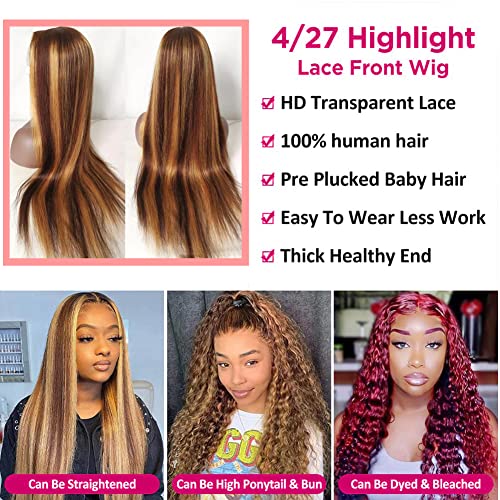 Healthair Highlight 13x4 HD 4/27 Honey Blonde lace frontal Wigs with Baby Hair Ombre Lace Front Wig Human Hair Pre Plucked 180% Density Colored Straight Lace Front Wigs for Black Women 20 Inch