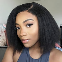 BLY 6x4 HD Lace Glueless Bob Wig Classic Yaki Human Hair Kinky Straight Hair Ready to Wear and Go Short Bob Lace Pre Cut Pre Plucked for Women Natural Black Color Hair 12 Inch