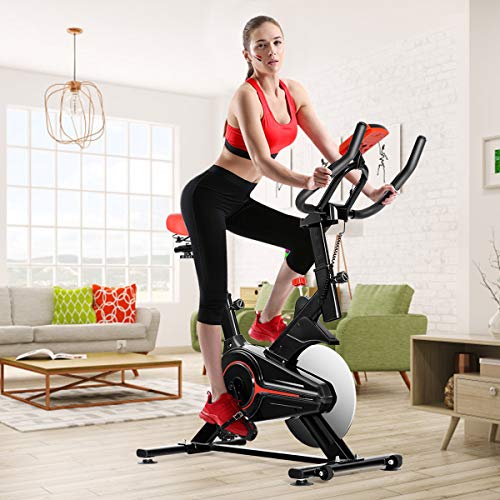 GYMAX Indoor Cycling Bike, Stationary Exercise Bike with LCD Monitor, Heart Pulse Sensor & Comfortable Seat Cushion for Home Workout Black+Red