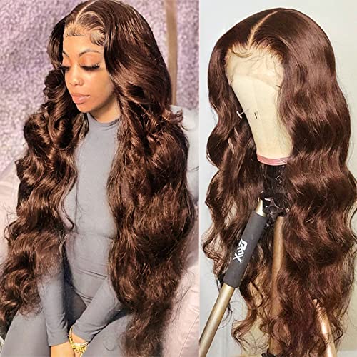 ALIGEGOUS Beaurocks Chocolate Brown 13x4 Lace Front Wigs Human Hair 30 Inch Brazilian Lace Frontal Wig for Black Women Body Wave Lace Front Wigs Human Hair Pre Plucked with Baby Hair 180 Density