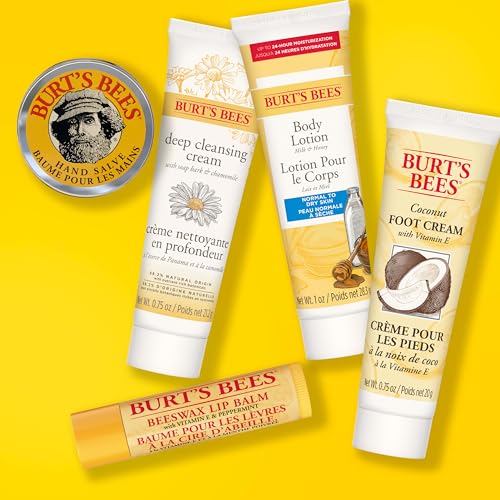 Burt's Bees Christmas Gifts, 5 Stocking Stuffers Products, Everyday Essentials Set - Original Beeswax Lip Balm, Deep Cleansing Cream, Hand Salve, Body Lotion & Coconut Foot Cream, Travel Size