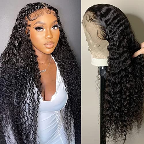 TopeosIo Deep Wave Lace Front Wigs Human Hair Wigs for Women 13x4 HD Transparent Deep Curly Lace Frontal Glueless Wigs Human Hair Pre Plucked With Baby Hair 150% Density Natural Color 24 Inch