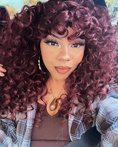 Annivia Curly Wig with Bangs for Black Women Burgundy Kinky Long Curly Shag Synthetic Hair Wigs Daily Use Cosplay 17 Inch