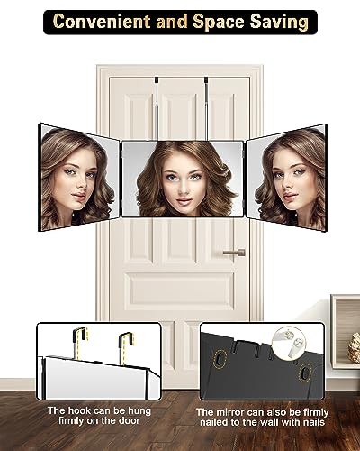 JUSRON 3 Way Mirror for Self Hair Cutting, 360 Trifold Barber Mirrors 3 Sided Makeup Mirror to See Back of Head, Used for Hair Coloring, Braiding, Good Gifts for Men Women (Without LED)