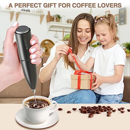 Milk Frother Handheld for Coffee with Stand - AGFOO hand frother wand, Electric whisk Drink Mixer Mini Foamer for Cappuccino, Frappe, Matcha, Hot Chocolate, Silver/Black