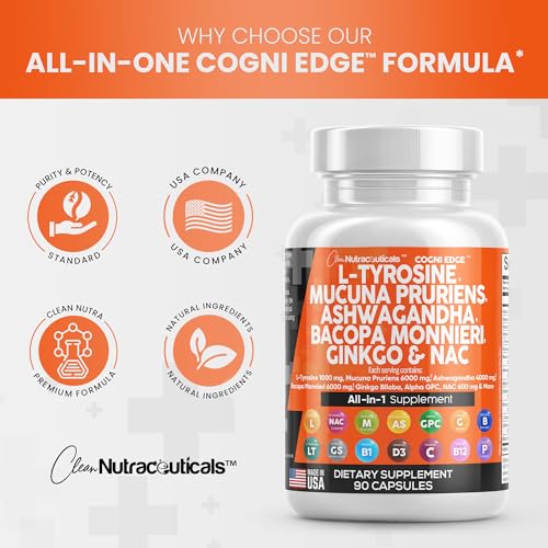 L-Tyrosine 1000mg Mucuna Pruriens 6000mg Bacopa Monnieri 500mg Ashwagandha 4000mg Focus Supplement with N-Acetyl Cysteine 600mg NAC 5-HTP Ginkgo Biloba Alpha GPC L Theanine Vitamin C D B1 B12 USA Made