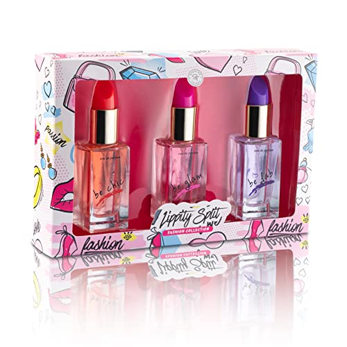 SCENTED THINGS Lippity Split Body Spray Girl Perfume Set | Little Girls to Teen Girl Gifts, Girl Birthday Gift, Body Mist Perfume Set in Lipstick Shaped Bottles | Fashion Collection (3 Piece Set)