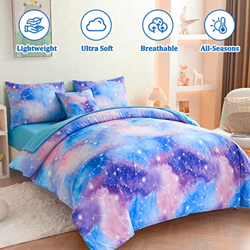 ASKOTU Galaxy Twin Comforter Set for Girls, Tie Dye Blue Purple Ombre 6 Piece Bed in a Bag Kids Bedding Sets with Sheets