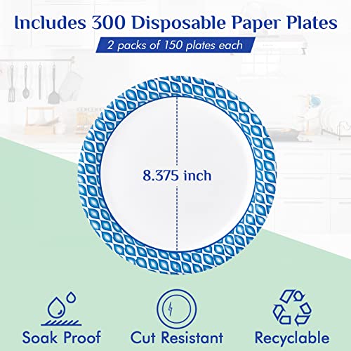 MUCHII 8.375 Inch Disposable Paper Plates, 300 Count Disposable Paper Plates, Soak Proof Paper Plates for Daily Use, Cut Proof Holiday Paper Plates for Family Gatherings, Parties, Picnic And So On.