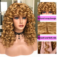 Annivia Curly Wig with Bangs for Black Women Honey Blonde Kinky Long Curly Wig Synthetic Hair Daily Use Cosplay 17 Inch