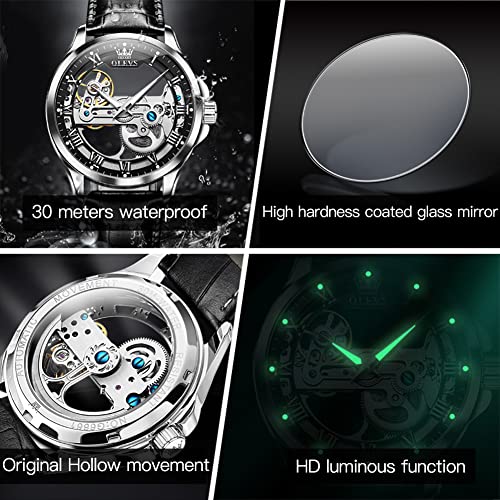 OLEVS Skeleton Watches for Men Automatic Self Winding Mechanical Luxury Dress Black Leather Waterproof Luminous Men Wrist Watch