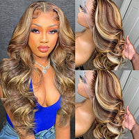 JR SMART Highlight Ombre Lace Front Wig Human Hair Pre Plucked 13x4 HD Transparent Honey Blonde Wigs with Baby Hair 4/27 150% Density Colored Body Wave Glueless Lace Front wig Human Hair for Women 20 Inch