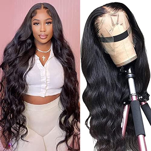 Body Wave Lace Front Wigs 13x4 HD Lace Frontal Human Hair Wig Lace Glueless Wigs Pre Plucked with Baby Hair 180 Density 24 Inch Brazilian Virgin Wigs for Women Natural Black