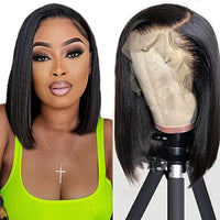 hersmile Straight Bob Wigs Human Hair Wigs For Black Women 13x4 Straight Lace Front Wigs Human Hair Lace Front Wigs Pre Plucked HD Lace Frontal Wigs 180% Density Short Bob Wigs Natural Color 10 inch