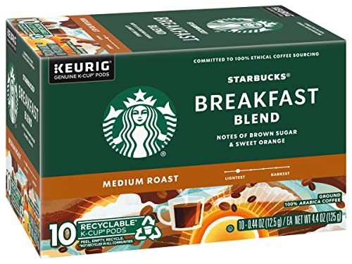 Starbucks Coffee K-Cup Pods, Breakfast Blend Medium Roast, Ground Coffee K-Cup Pods for Keurig Brewing System, 10 CT K-Cup Pods Per Box (Pack of 4 Boxes)