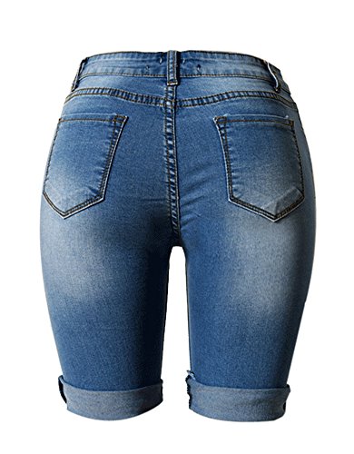 olrain Womens High Waist Ripped Hole Washed Distressed Short Jeans 14 Blue