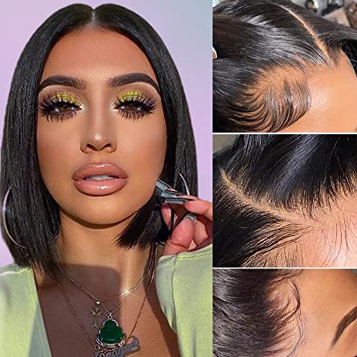 hersmile Straight Bob Wigs Human Hair Wigs For Black Women 13x4 Straight Lace Front Wigs Human Hair Lace Front Wigs Pre Plucked HD Lace Frontal Wigs 180% Density Short Bob Wigs Natural Color 10 inch