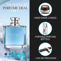 Voyage for Men | 3.4 oz EDT Spray Gift Set with Lavender Soy Candle, Car Air Fresheners, and Empty Travel Perfume Atomizer perfect kit for Men & Boys