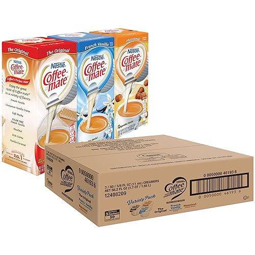 Nestle Coffee Mate Creamer Singles Variety Pack, Original, French Vanilla, Hazelnut, Non Dairy, No Refrigeration, 150 Count (Pack of 3)