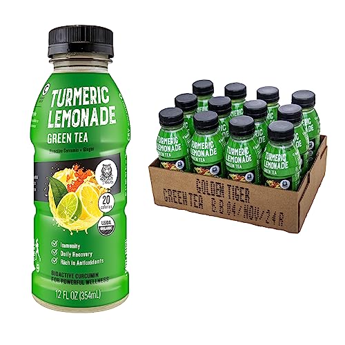 Organic Golden Tiger Turmeric Lemonade with Green Tea - Bio Active Curcumin + Green Tea + Ginger - 12 Bottles - Recover with Plant Based Power - 20 Calories