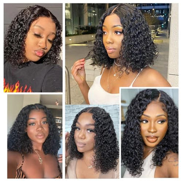 Smilegirl Wear and Go Glueless Wigs Pre Plucked Pre Cut 5x5 HD Lace Closure Wigs Ready to Wear Curly Bob Deep Wave Lace Front Wigs Human Hair Wigs for Black Women 200% Density (12 Inch)