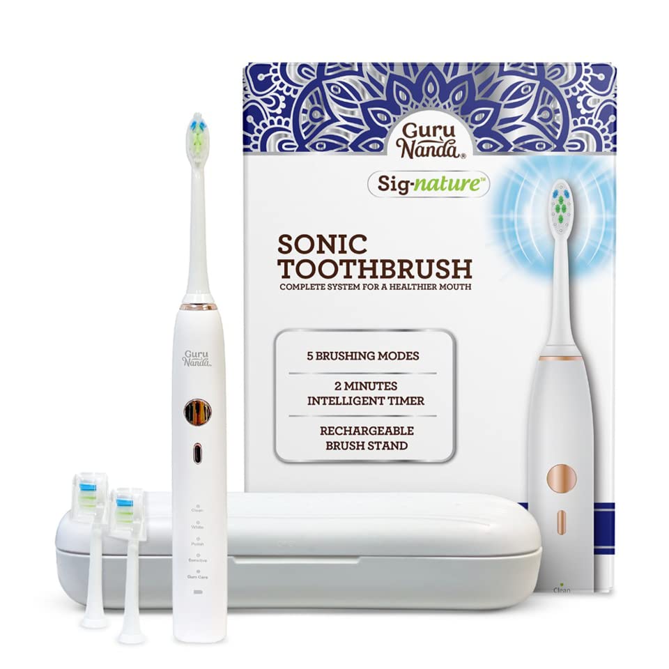 GuruNanda Sonic Toothbrush with 5000 Rechargeable Electric Power, 2 Brush Heads & 1 Travel Case - Dual Barrel Oxyburst Whitening Mouthwash with Natural Essential Oils - Whiter Teeth & Fresher Breath