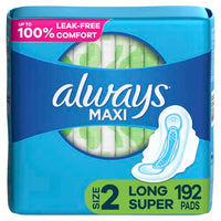 Always Maxi Feminine Pads For Women, Size 2 Long Super Absorbency, With Wings, Unscented, 32 Count x 6 (192 Count Total)