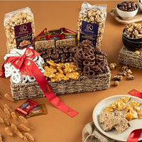 Kremery - Milk Chocolate Covered Pretzels Gift Basket in Reusable Seagrass Tray + Ribbon (Large 3.5 LB) Caramel Popcorn Peanut Brittle Cashews - USA Made