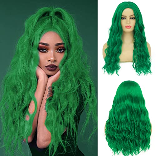 Beweig Long Curly Wavy Green Wig for Women Middle Part Costume Cosplay Wig Synthetic Hair Replacement Wig