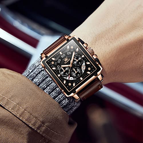 OLEVS Square Watches for Men Black Face Brown Leather Luxury Watches for Men Chronograph Fashion Business Waterproof Dress Wrist Watches