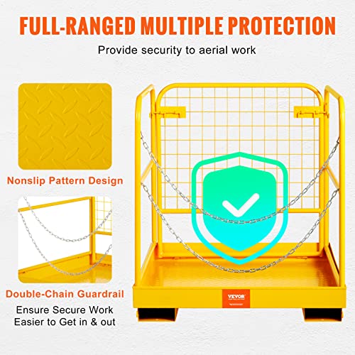 BestEquip Forklift Safety Cage, 1200lbs Capacity Forklift Man Basket, 36'' x 36'' Foldable Forklift Work Platform for 1-2 People with Double-Chain Guardrail & Drain Hole, Perfect for Aerial Work